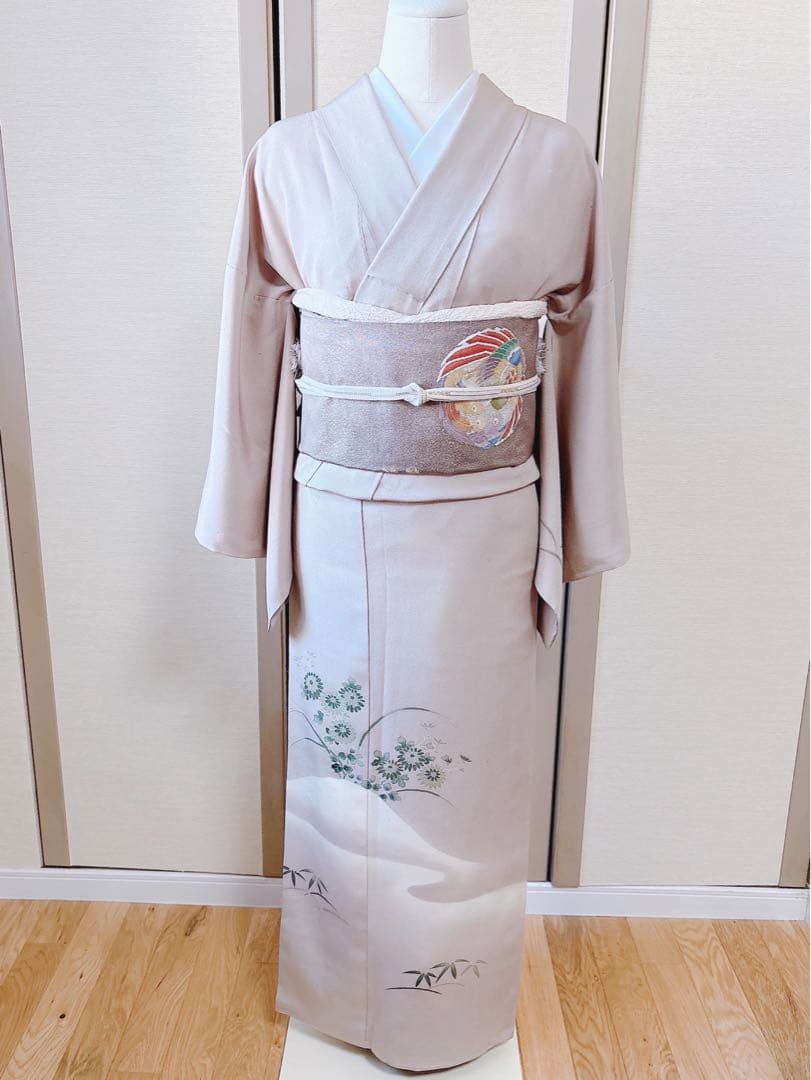 正絹　付け下げ　フルセット　裄65 卒業式　入学式　お宮参　袋帯 S グレー　白