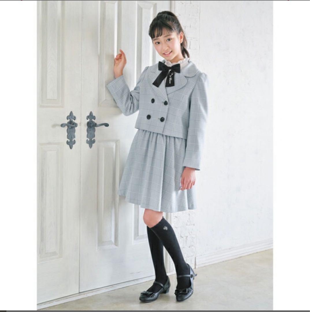 メゾピアノジュニア160チェック柄ジャケット×サスペンダースカート×リボンタイ