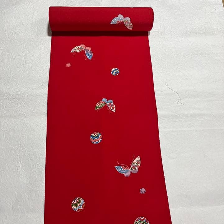 Katy☆ 正絹小紋　丹後ちりめん　七五三　手ざし友禅　反物　赤　蝶々と鞠