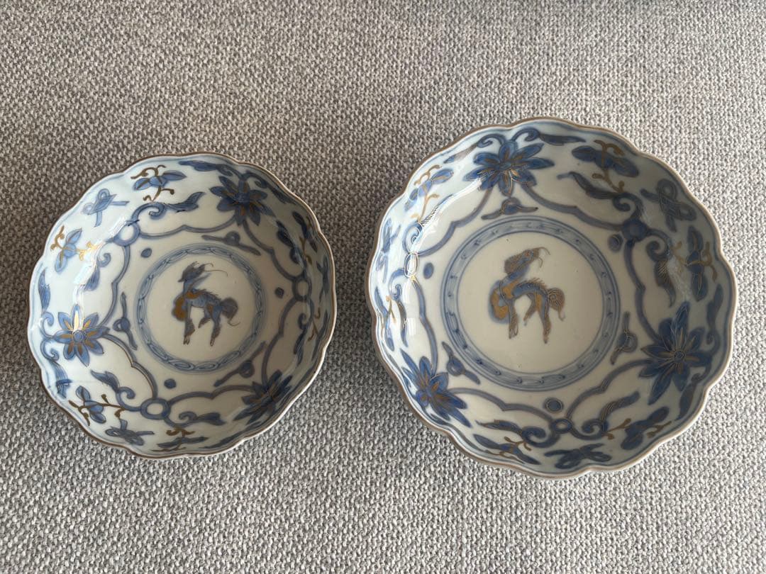 美品　骨董　色絵　金彩　麒麟　なます皿　大小2客セット