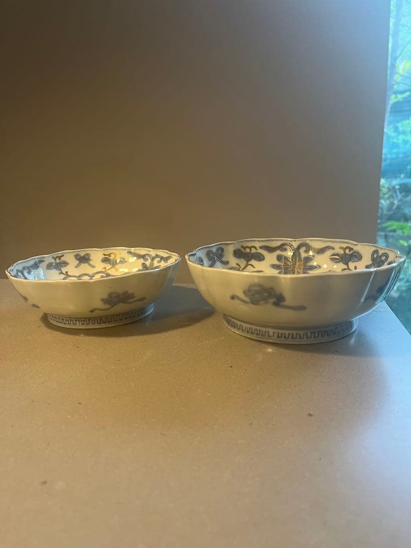 美品　骨董　色絵　金彩　麒麟　なます皿　大小2客セット