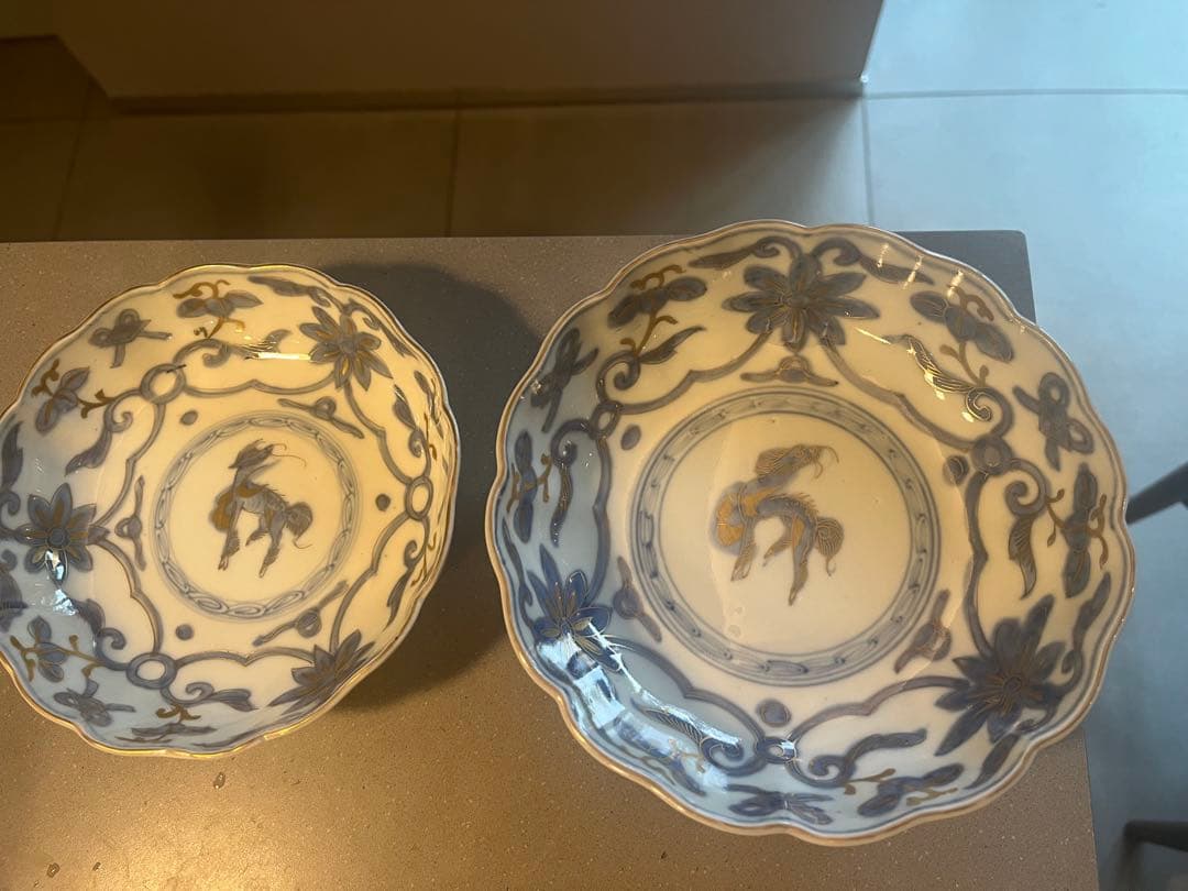 美品　骨董　色絵　金彩　麒麟　なます皿　大小2客セット