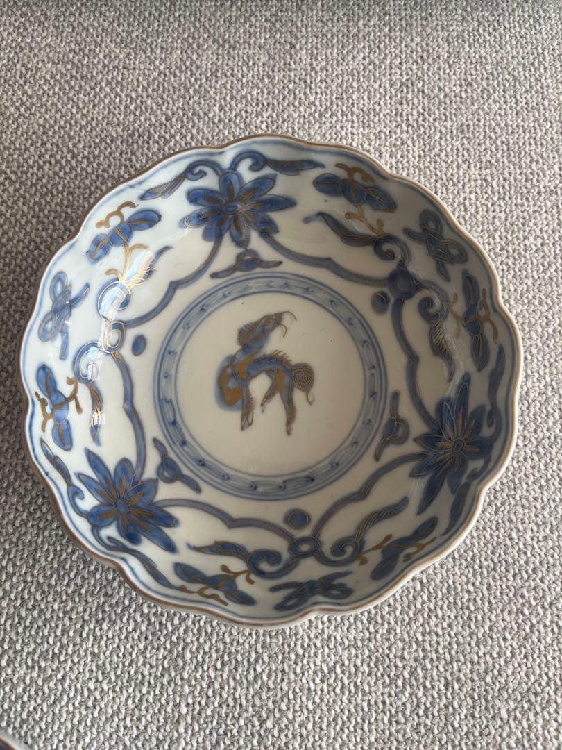 美品　骨董　色絵　金彩　麒麟　なます皿　大小2客セット
