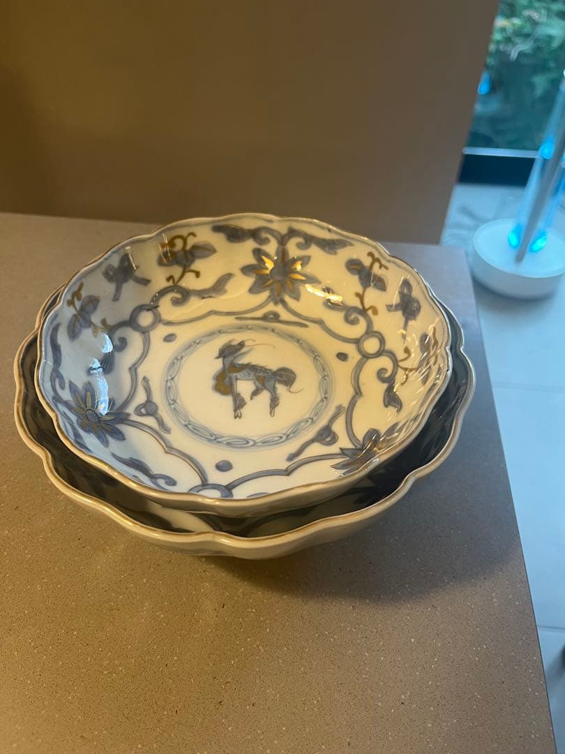 美品　骨董　色絵　金彩　麒麟　なます皿　大小2客セット