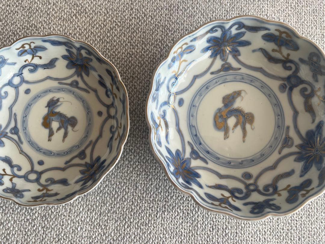 美品　骨董　色絵　金彩　麒麟　なます皿　大小2客セット