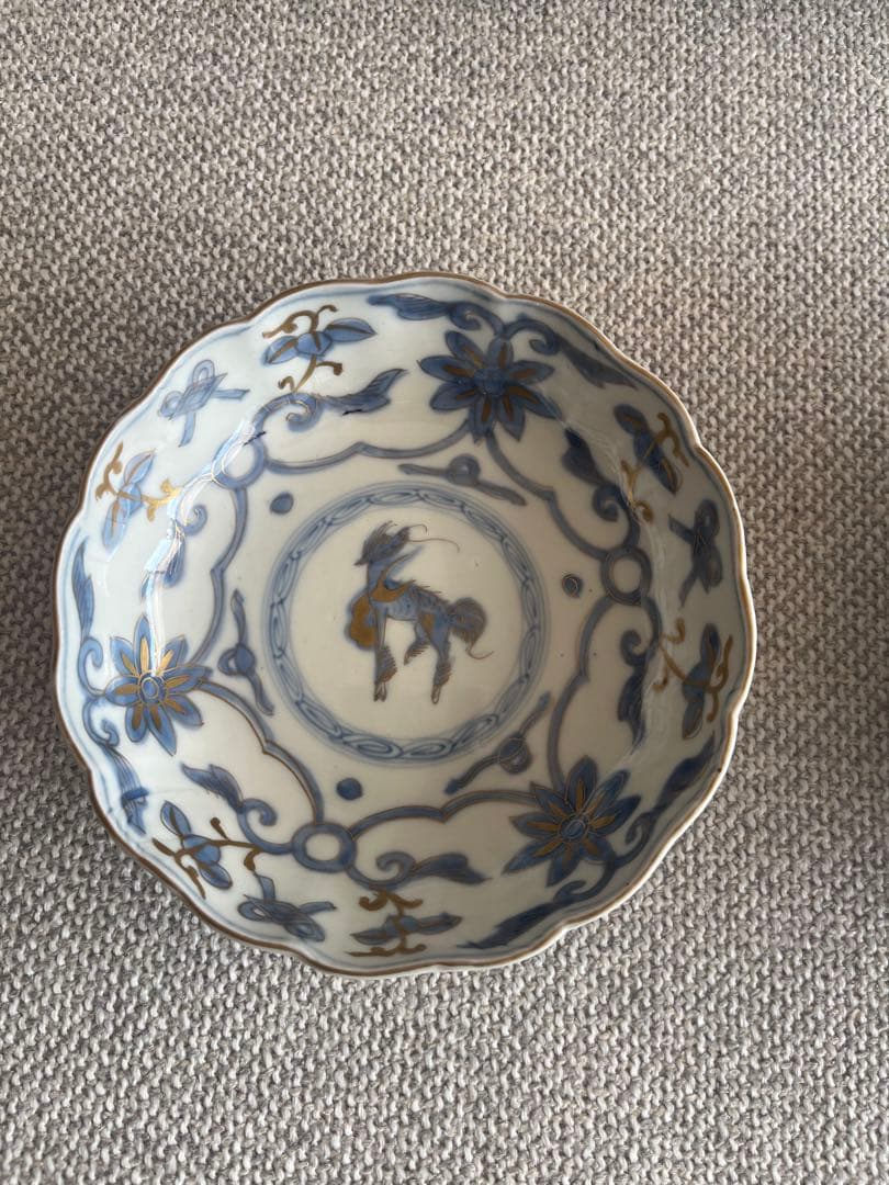 美品　骨董　色絵　金彩　麒麟　なます皿　大小2客セット
