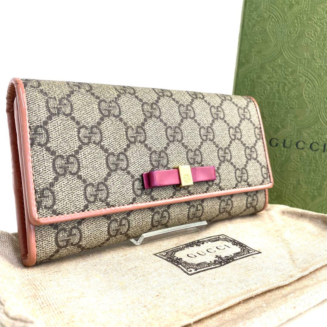 【美品】GUCCI GGスプリーム 長財布 リボン ゴールド金具 エナメル