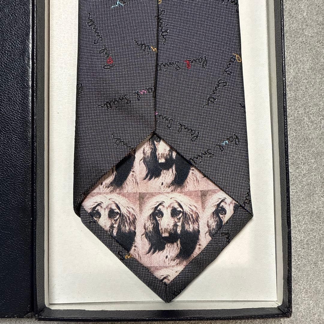 美品　ポールスミス　ネクタイ　グレー　ロゴ総柄　犬柄　シルクジャガード