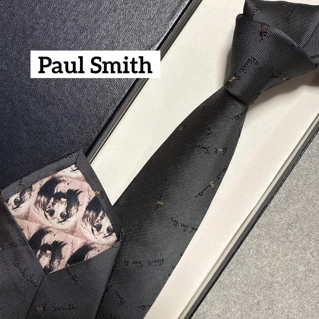 美品　ポールスミス　ネクタイ　グレー　ロゴ総柄　犬柄　シルクジャガード