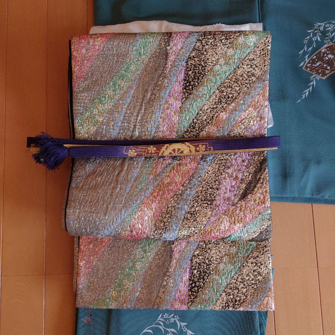 新春特価【美品】訪問着フルセット　地紙花文　金銀彩　正絹　袷　六通袋帯