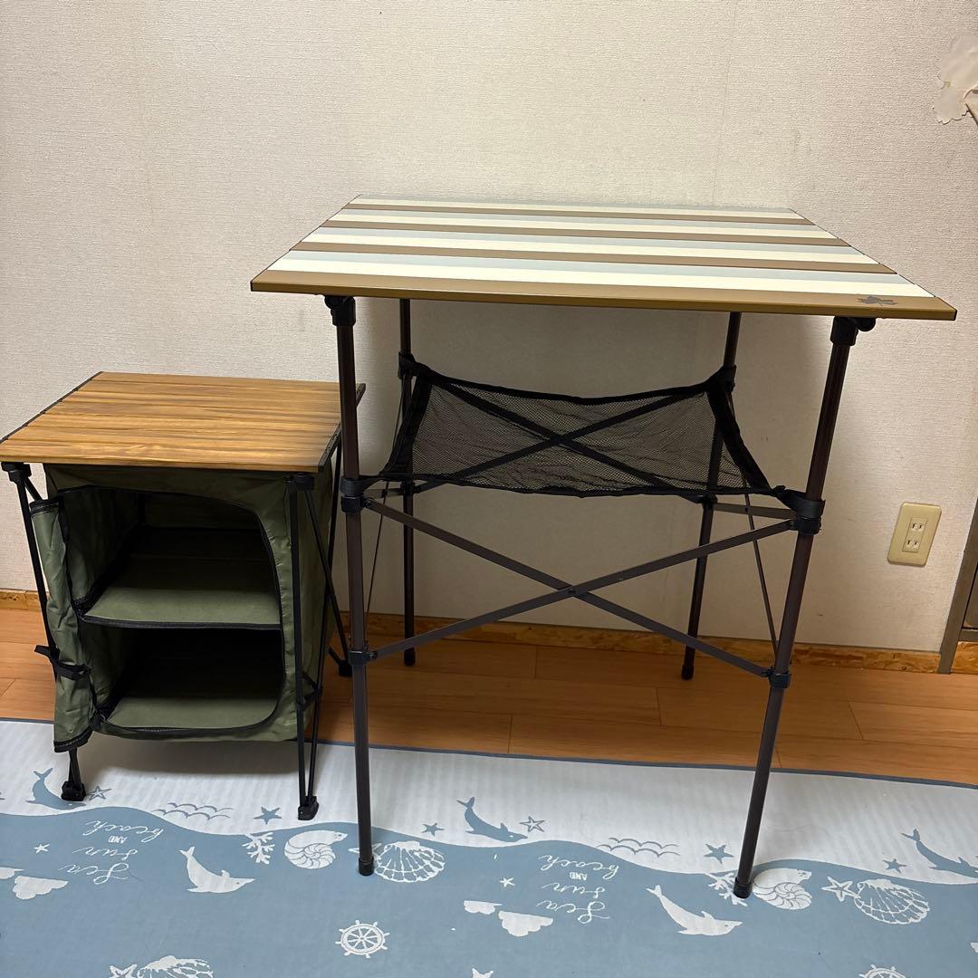 ロゴスヴィンテージカラーハイテーブル& 折りたたみ式下部収納キャビネット