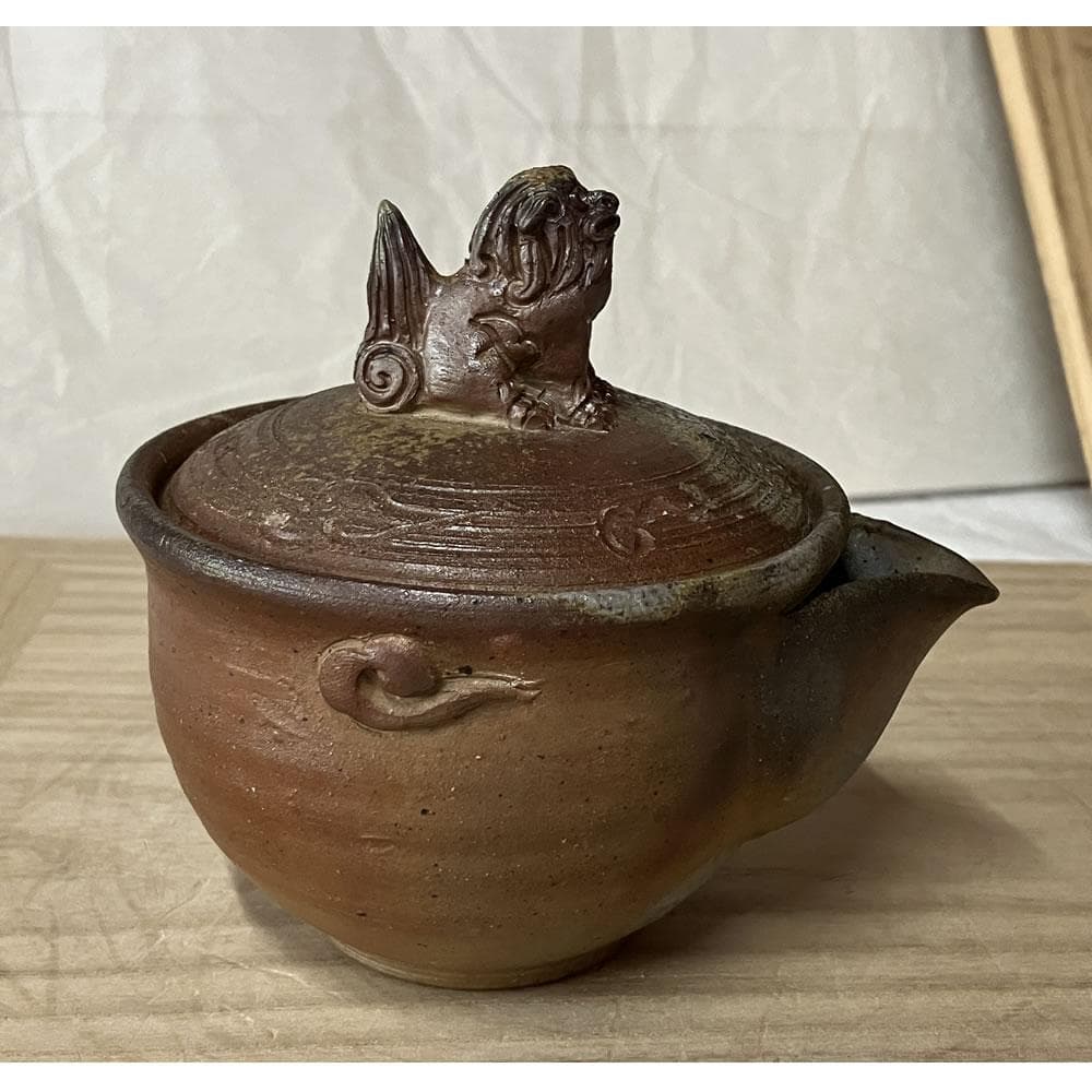 y045 明光窯 備前焼 宝瓶 獅子摘み 共箱 未使用 急須 茶道具