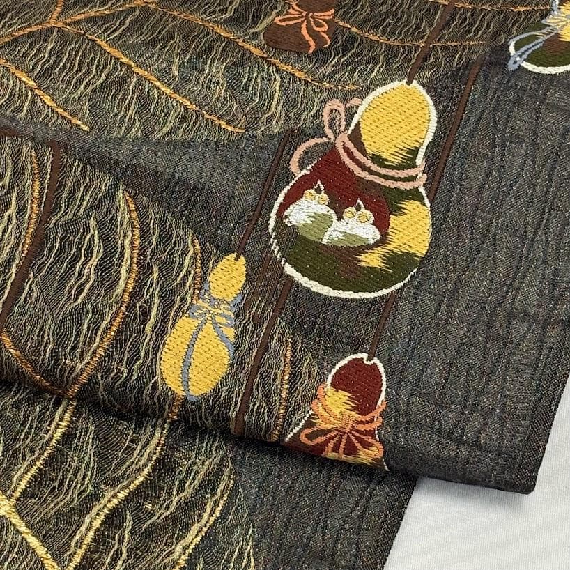 田中 野夫　未使用品　袋帯　瓢箪　葉　刺繍　金通し　六通柄　正絹　L506