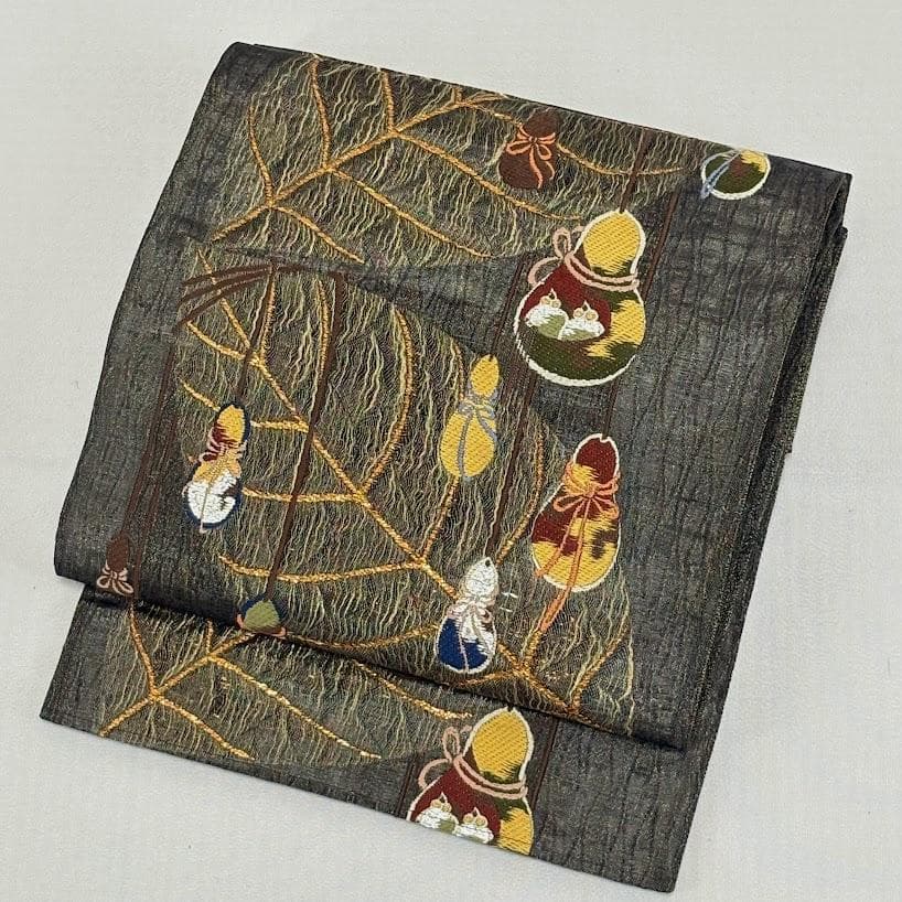 田中 野夫　未使用品　袋帯　瓢箪　葉　刺繍　金通し　六通柄　正絹　L506