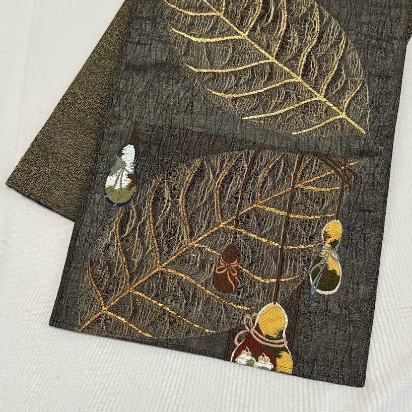 田中 野夫　未使用品　袋帯　瓢箪　葉　刺繍　金通し　六通柄　正絹　L506