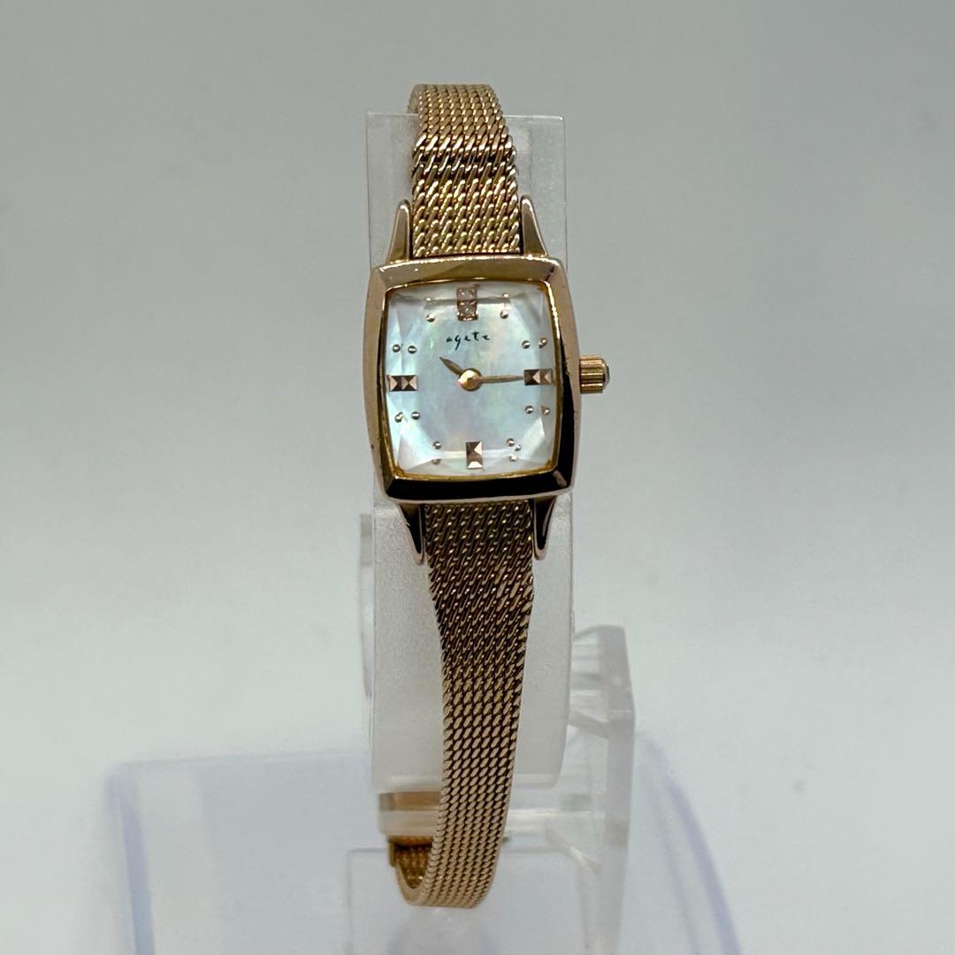 【稼働/新品電池】agete 18KGP クォーツ シェル MOP 0.02ct