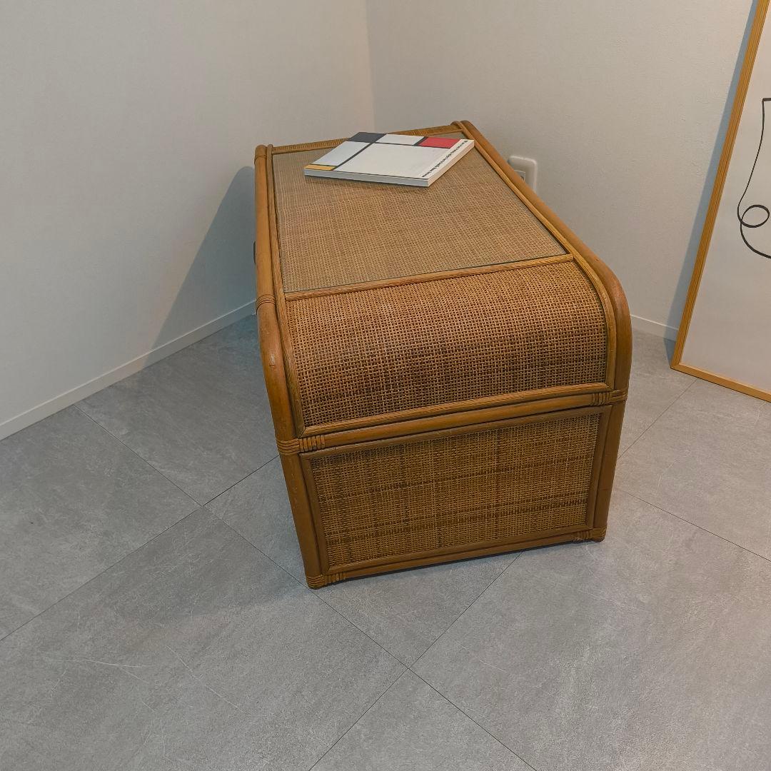 ヴィンテージ　ラタン座卓 ガラス天板 引き出し　書斎　レトロ　籐　韓国