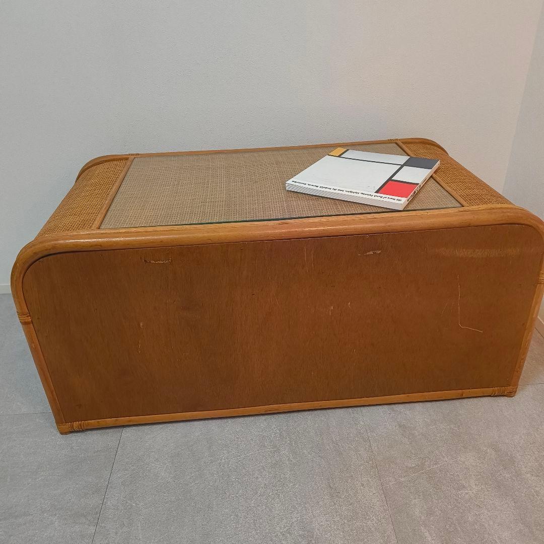 ヴィンテージ　ラタン座卓 ガラス天板 引き出し　書斎　レトロ　籐　韓国