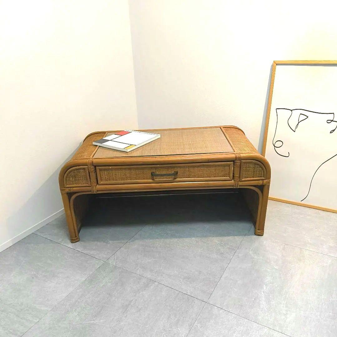 ヴィンテージ　ラタン座卓 ガラス天板 引き出し　書斎　レトロ　籐　韓国