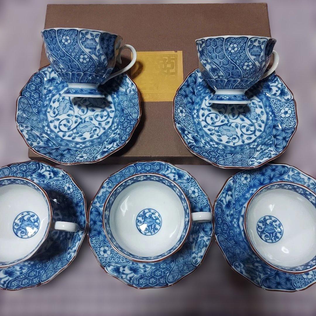 龍峰窯 ねじり祥瑞碗皿揃 三洋陶器 染付 カップ＆ソーサー5客セット未使用品