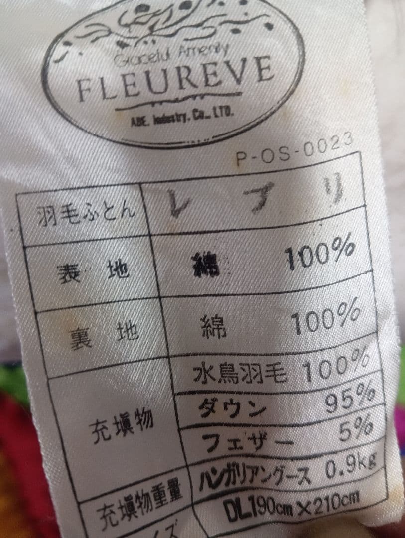 羽毛掛け布団　東陽産業株式会社レプリ　ダブルサイズ　ダウン95%　羽毛0.9㌔