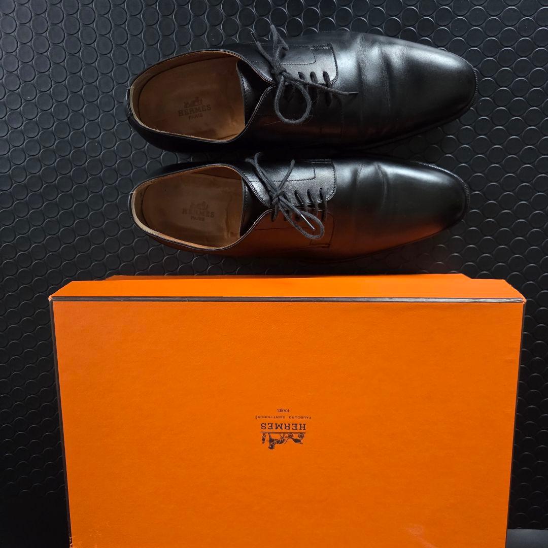 HERMES　ブラックレザー ドレスシューズ　プレーンツゥ 27㎝　箱