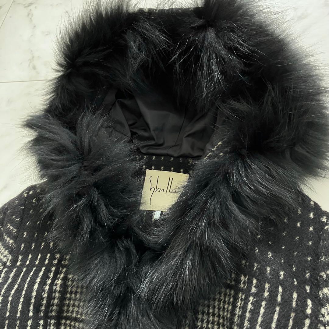 美品 シビラ ポンチョ ショートコート ウールアンゴラ ブルーフォックスファーM