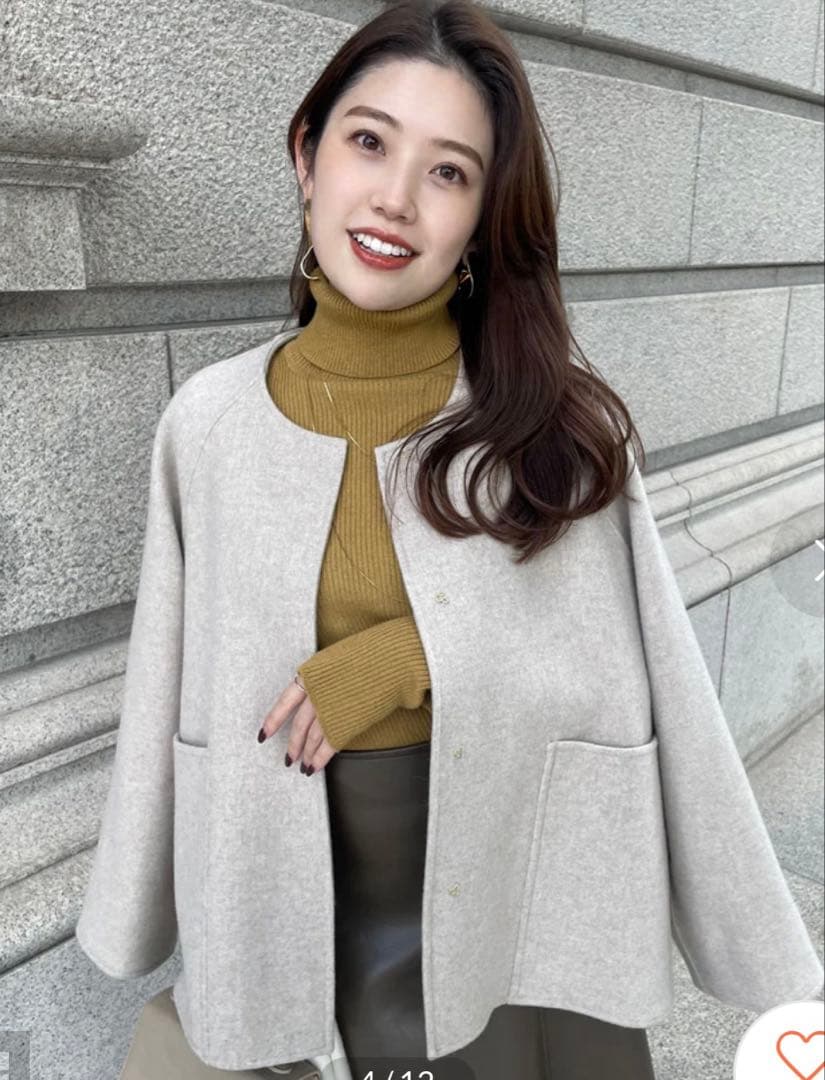 anuans ノーカラーリバーショートコート　ベージュ　アニュアンス