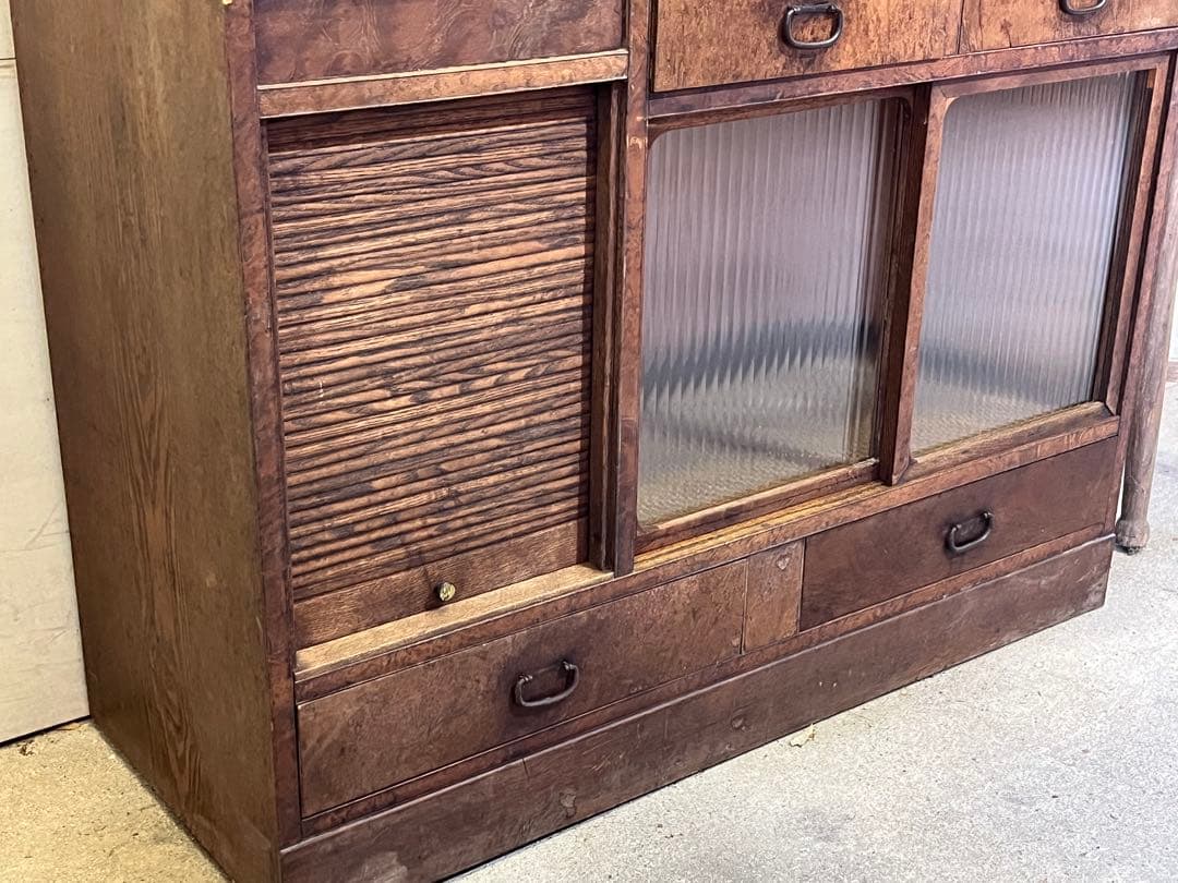 B*♪様 昭和レトロ 木製食器棚 ガラス戸付き水屋箪笥