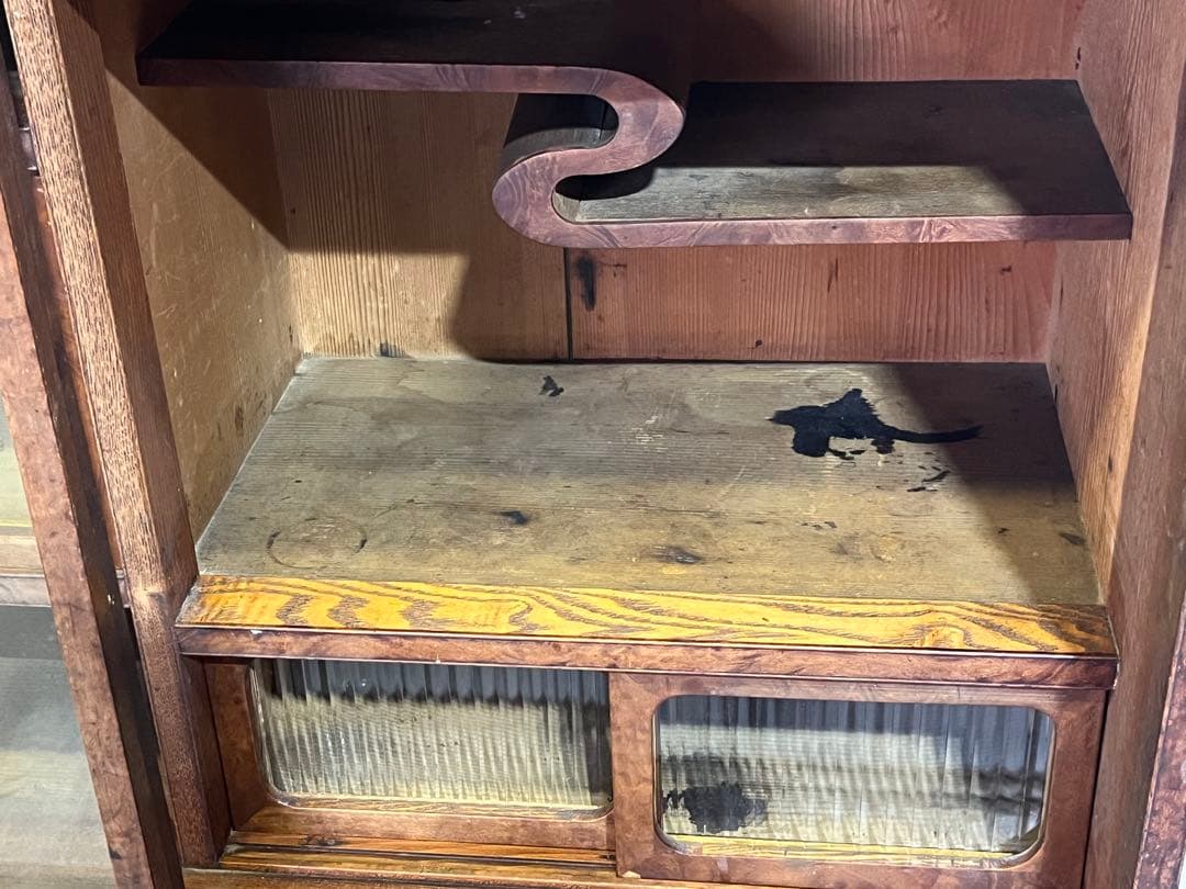 B*♪様 昭和レトロ 木製食器棚 ガラス戸付き水屋箪笥