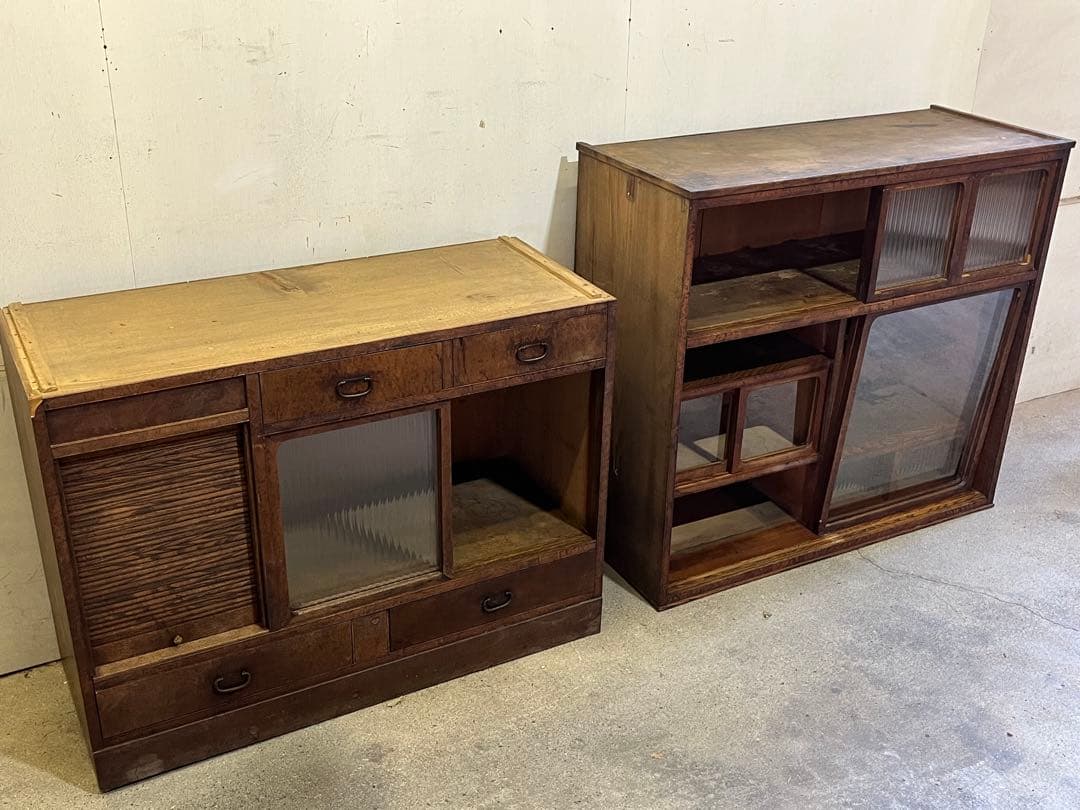 B*♪様 昭和レトロ 木製食器棚 ガラス戸付き水屋箪笥