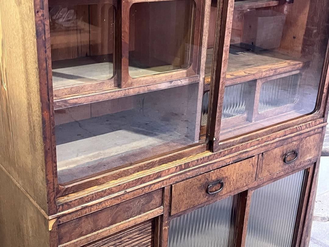 B*♪様 昭和レトロ 木製食器棚 ガラス戸付き水屋箪笥