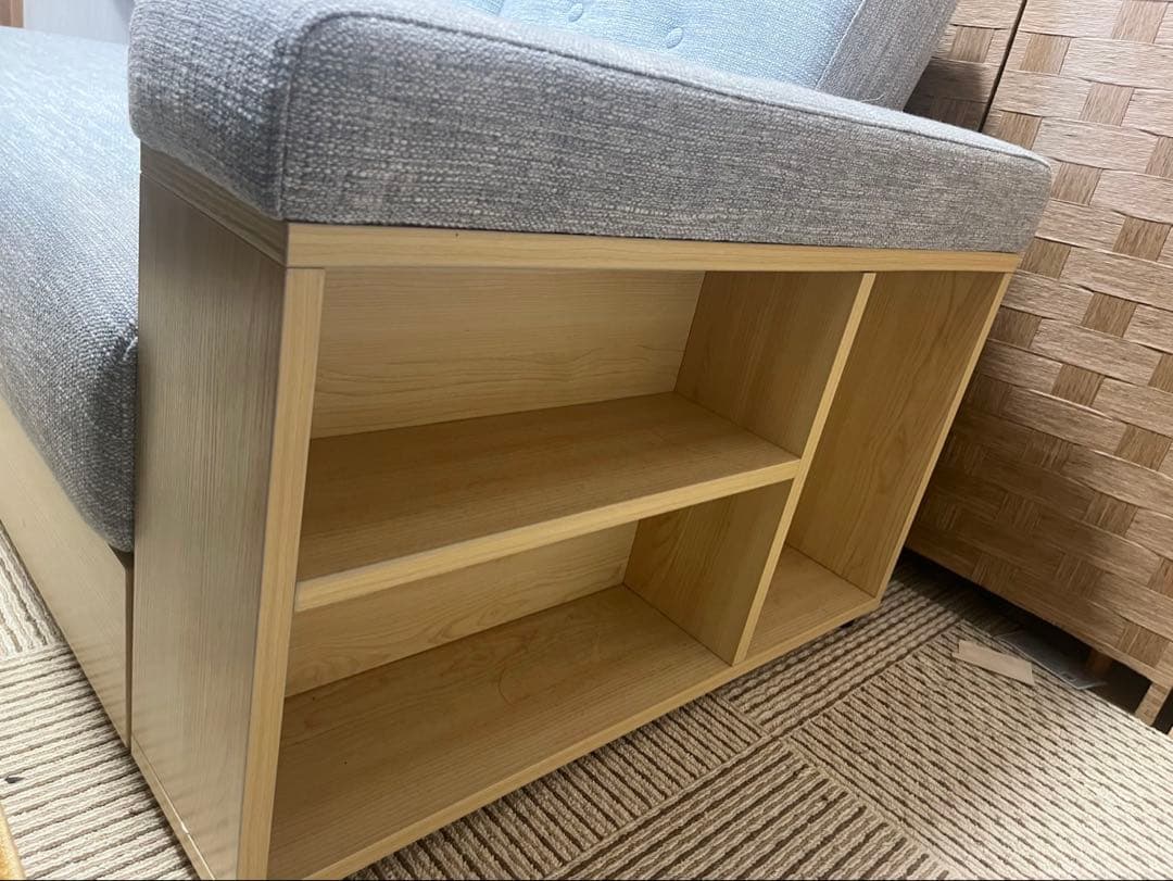 【25日まで値下げ】【メランジグレー×ナチュラル】収納付き3人掛け多機能ソファ