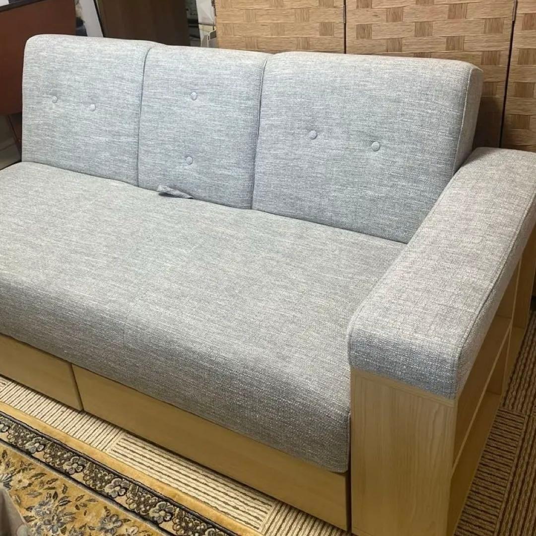 【25日まで値下げ】【メランジグレー×ナチュラル】収納付き3人掛け多機能ソファ