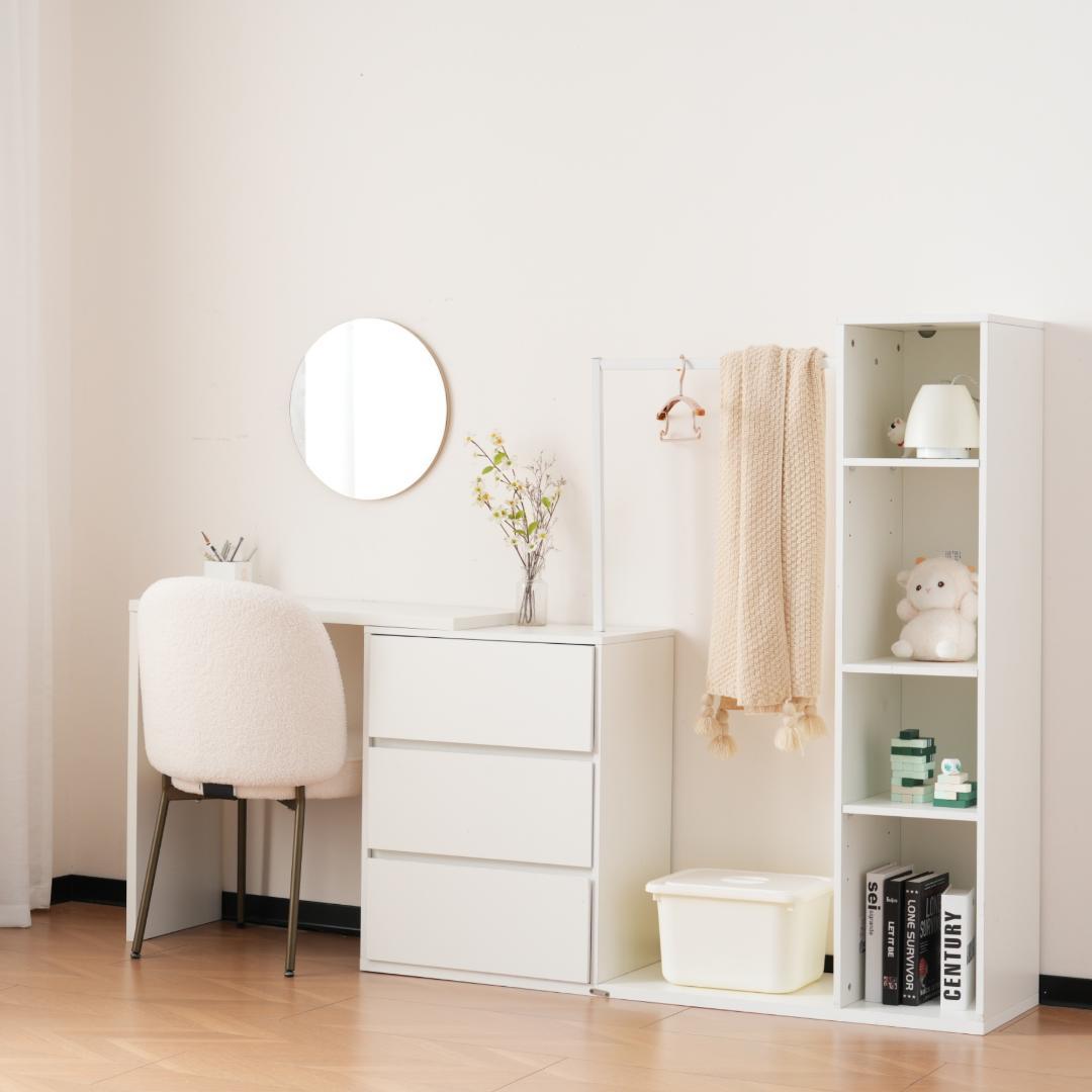 3段キャビネット+幅調整デスク+ ハンガーラック+ラック化粧台 デスク木製収納棚