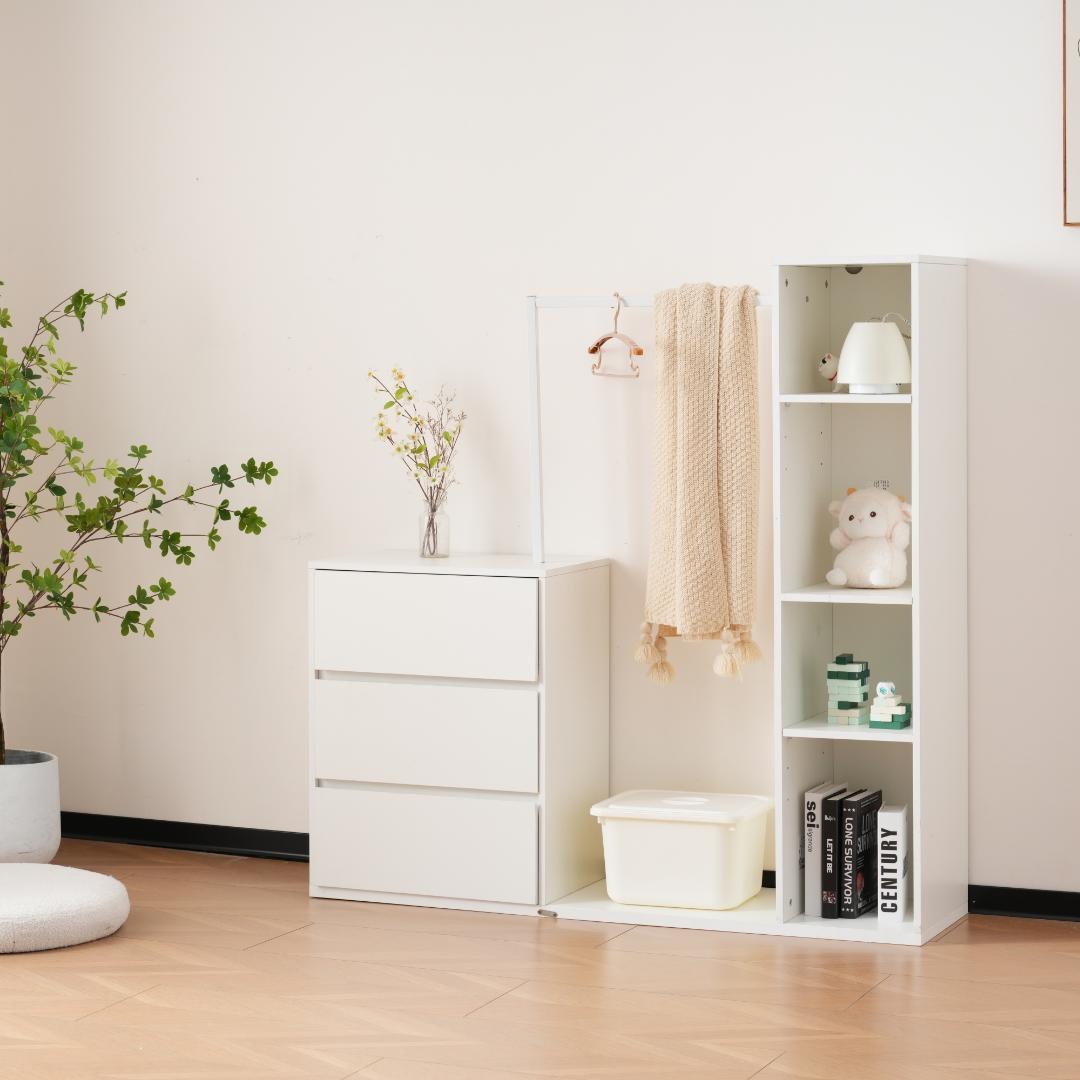 3段キャビネット+幅調整デスク+ ハンガーラック+ラック化粧台 デスク木製収納棚