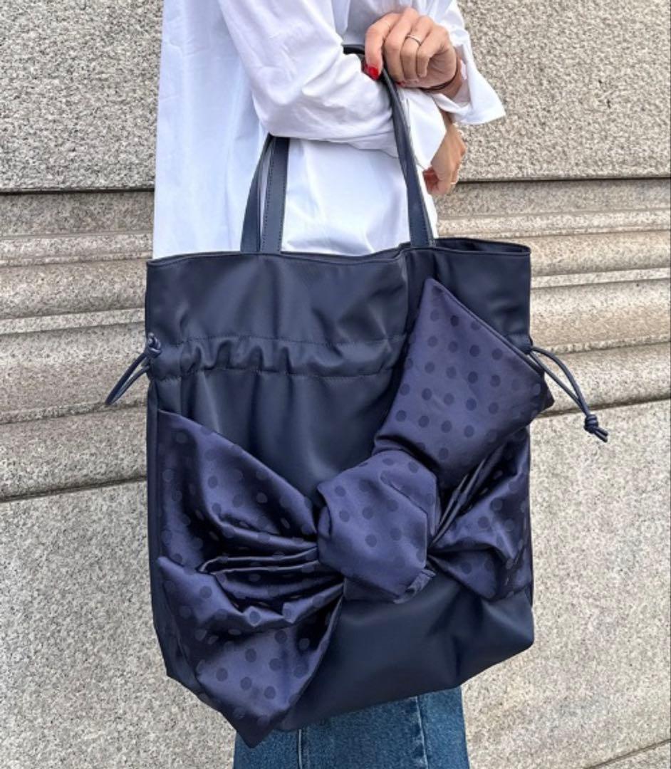 【JENNE】リボントートバッグブラック水玉