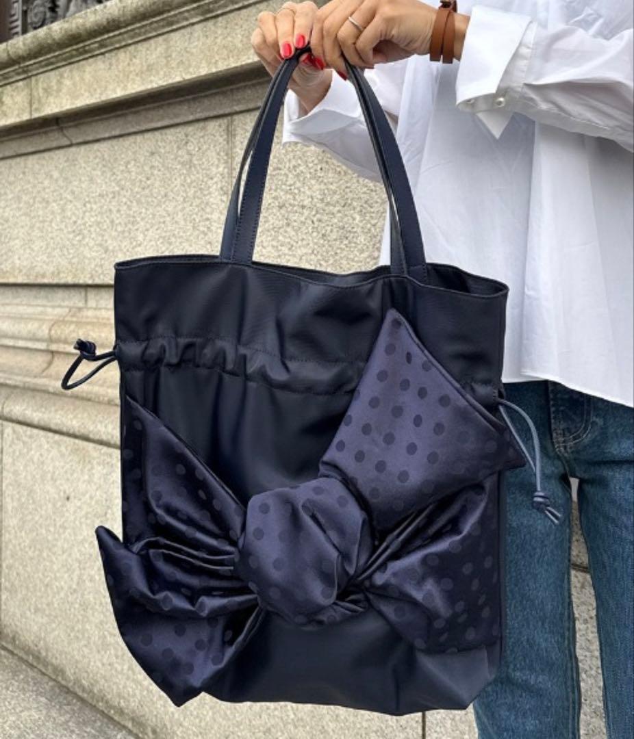 【JENNE】リボントートバッグブラック水玉