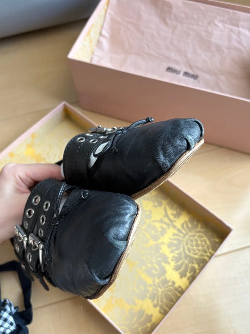 miumiu ミュウミュウ　ダブルストラップ　バレエシューズ　ギンガムチェック