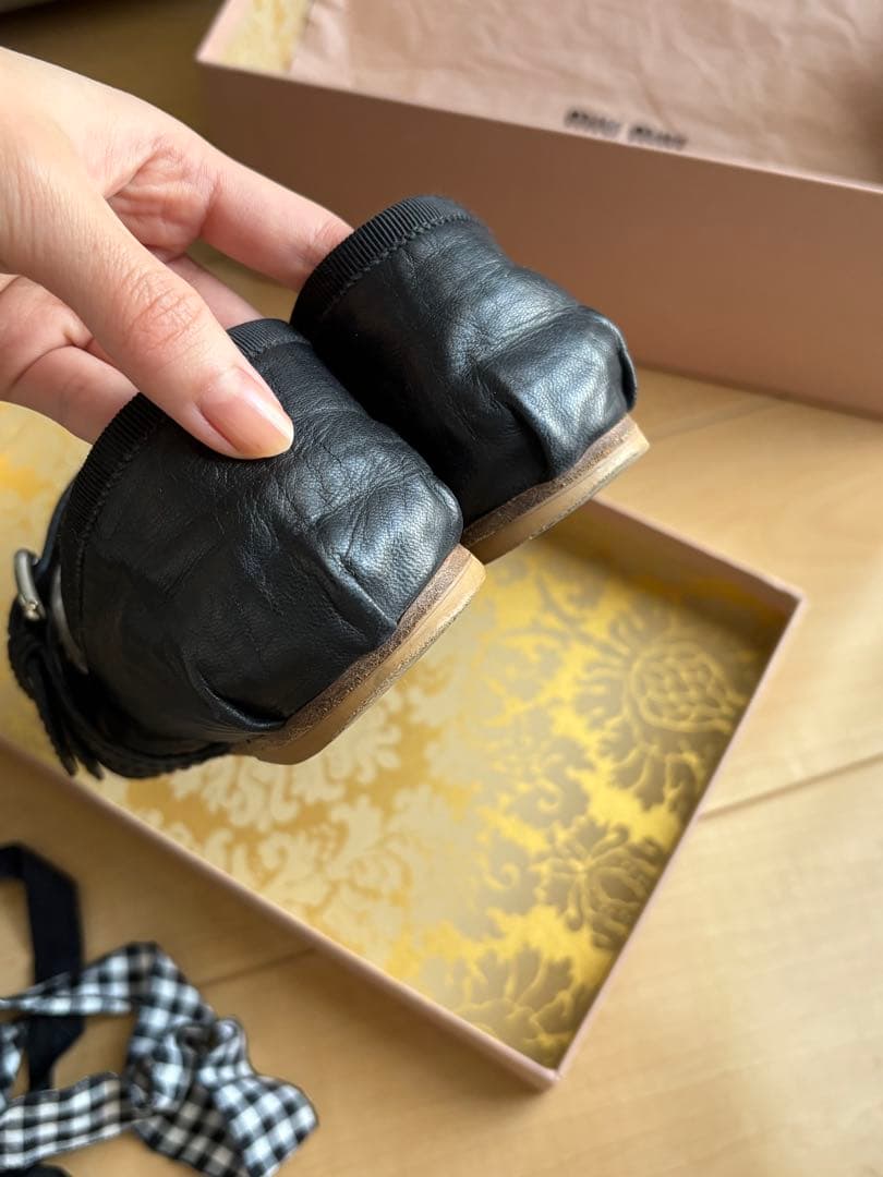 miumiu ミュウミュウ　ダブルストラップ　バレエシューズ　ギンガムチェック