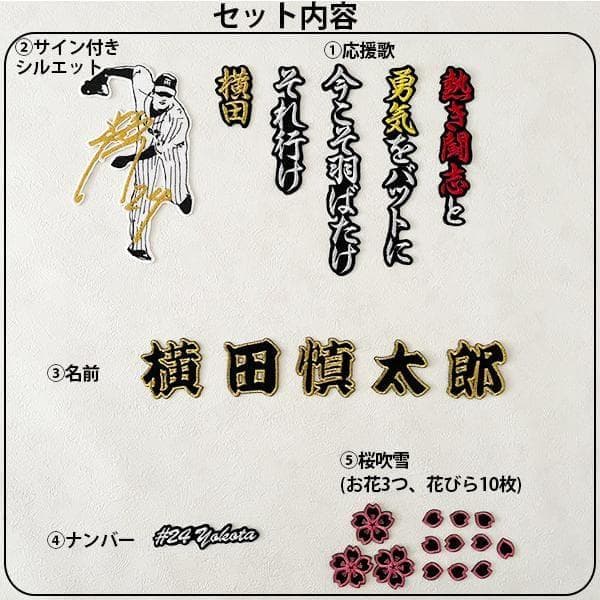 阪神タイガース 横田慎太郎 刺繍ワッペン 5点セット【桜/黒】【黒】応援歌
