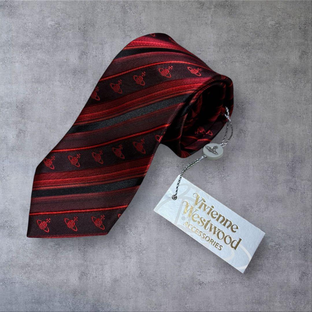 人気 Vivienne Westwood ネクタイ ストライプ オーブ柄　赤