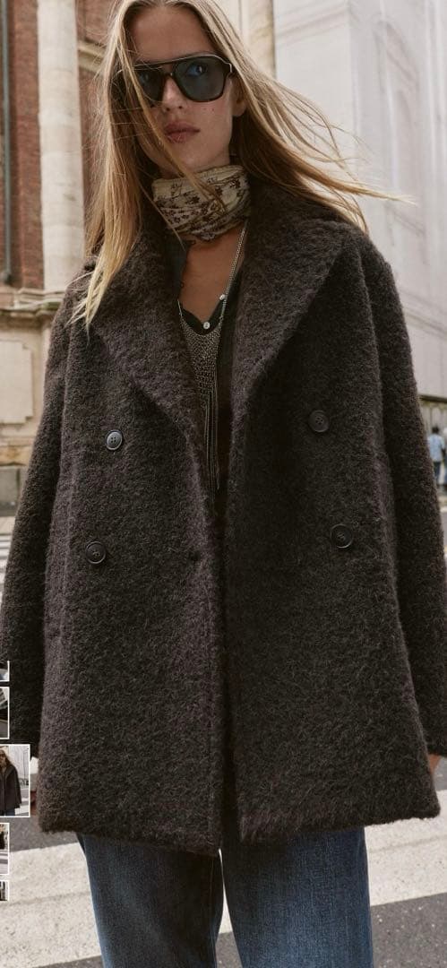 タグ付き新品　ZARAのブークレダブルブレストミディ丈コート★XLサイズ