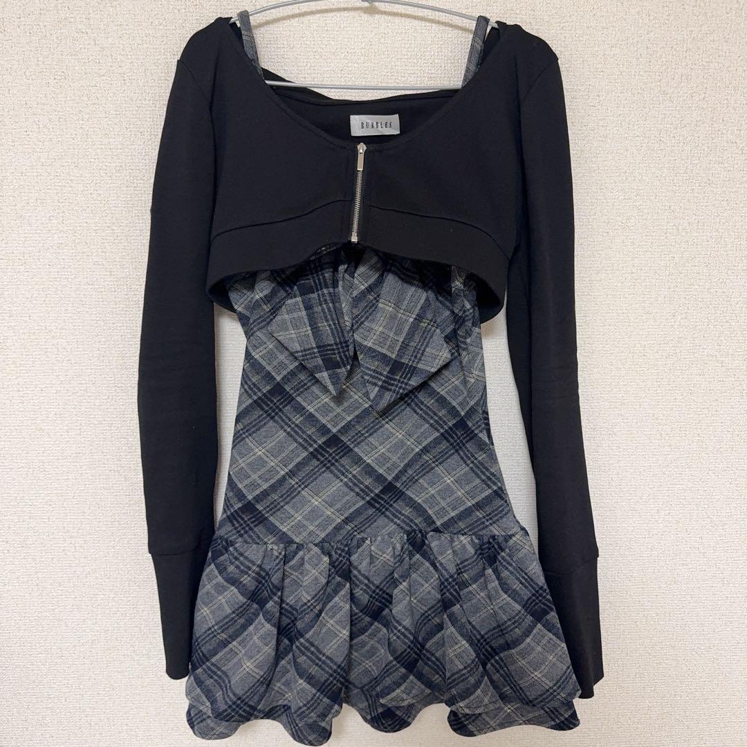 BUBBLES チェックパーカーワンピース ブラック S