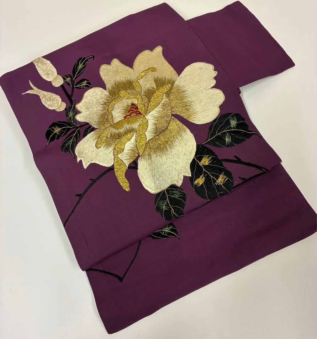 アンティーク　刺繍の名古屋帯　花柄模様　着物　レトロ　大正ロマン