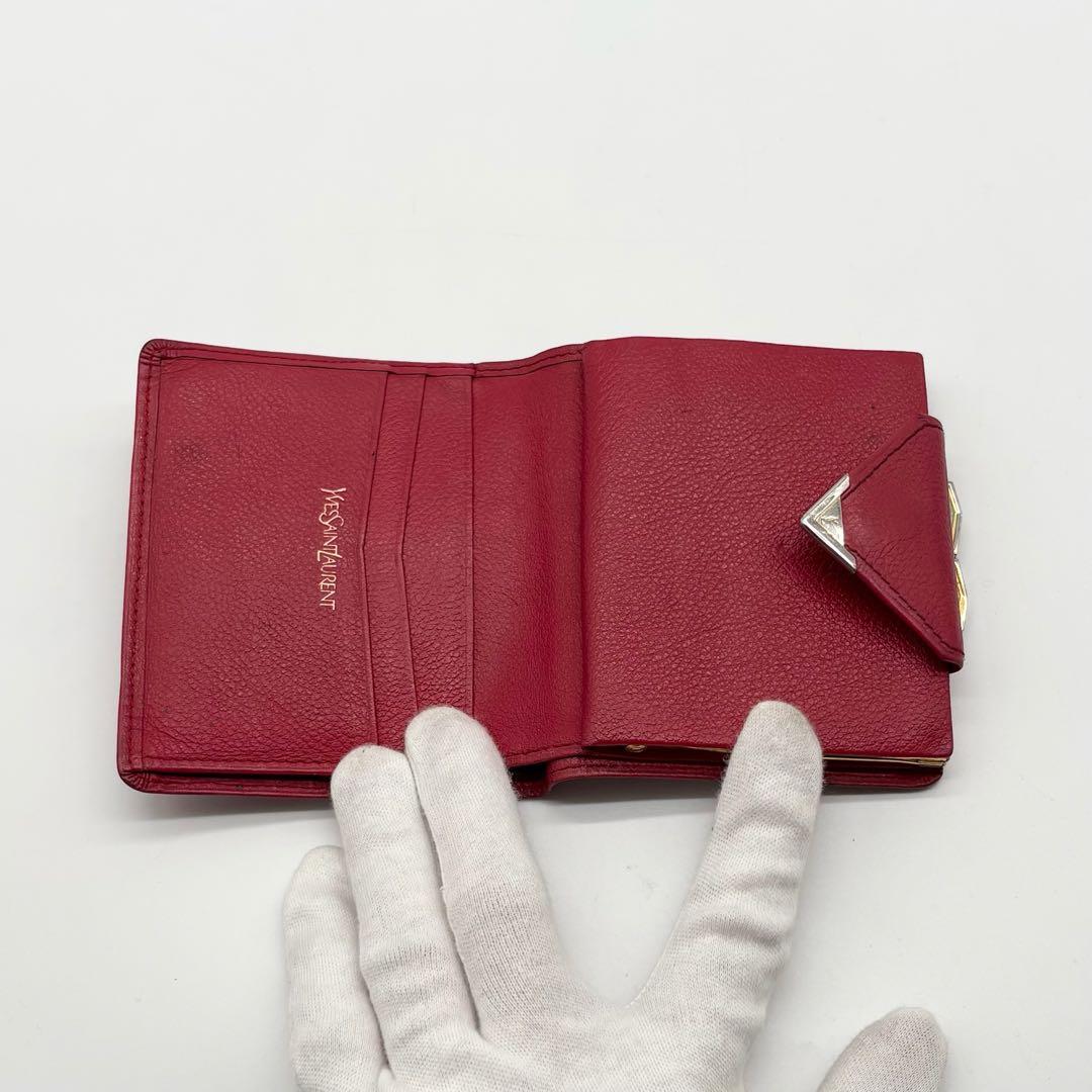 【美品】イヴサンローラン レザー カーフ 二つ折り財布 YSL ボルドー 赤