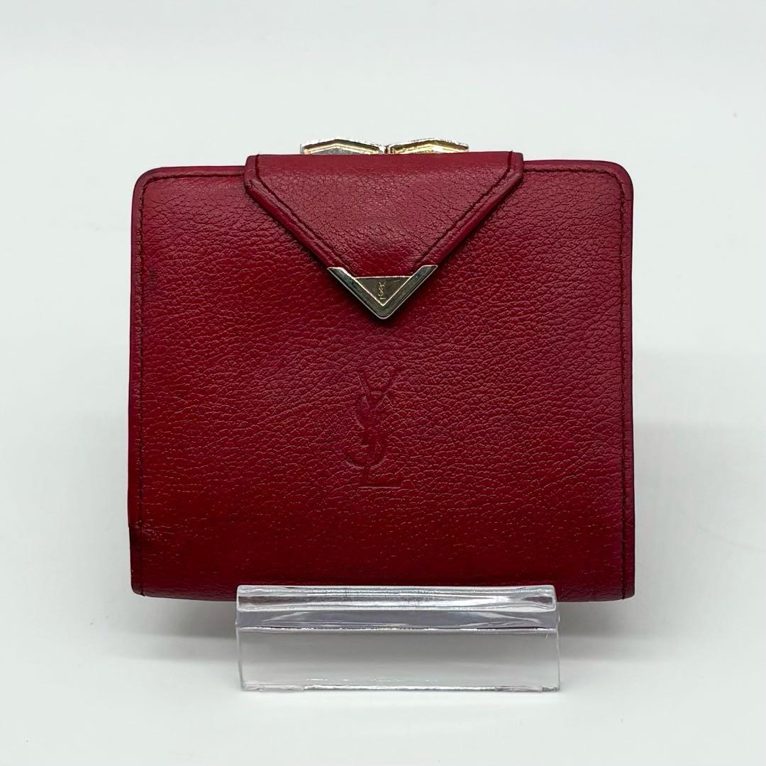 【美品】イヴサンローラン レザー カーフ 二つ折り財布 YSL ボルドー 赤