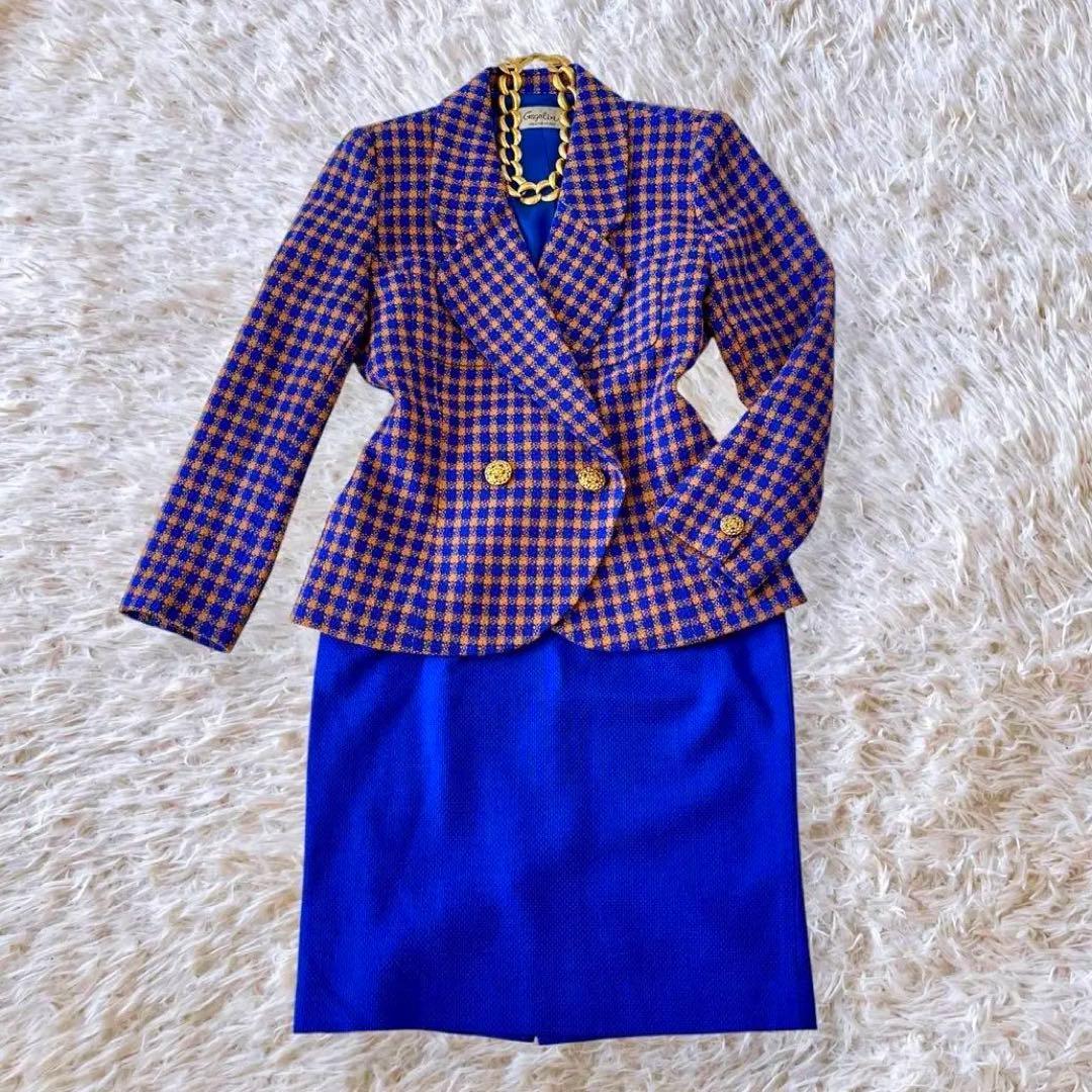 90’s vintage ロイヤルブルー　昭和レトロ 　バブリースーツ　チェック