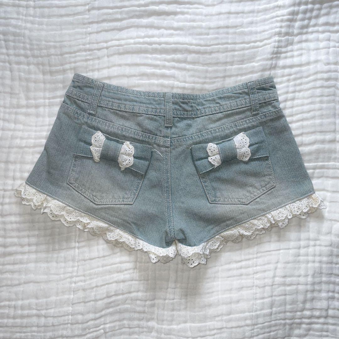 00s 希少 LIZLISA リボンポケット 裾レースデニムショーパン 姫カジ