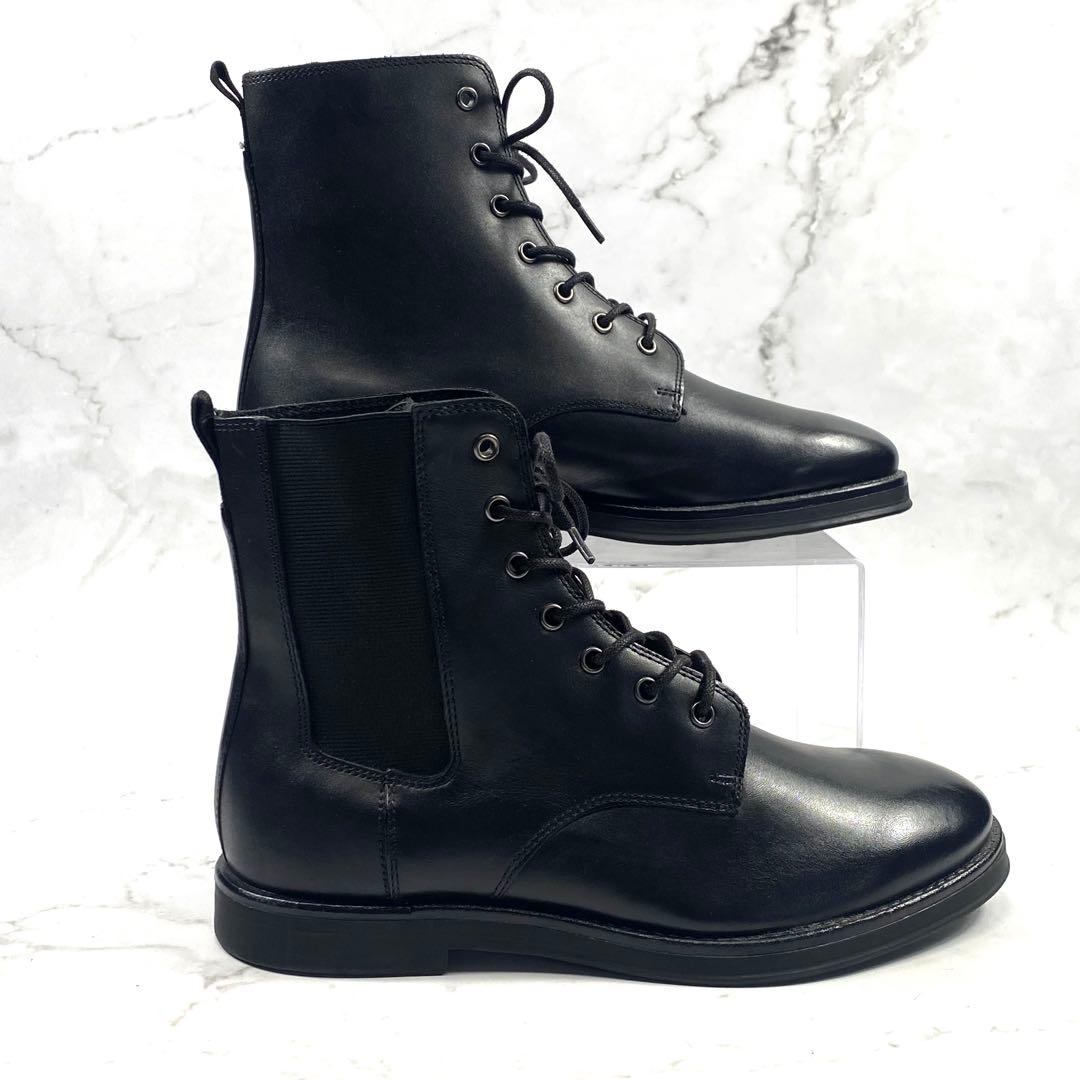 【新品級】 ZARA レースアップブーツ サイドゴアブーツ 黒 レザー 26.5